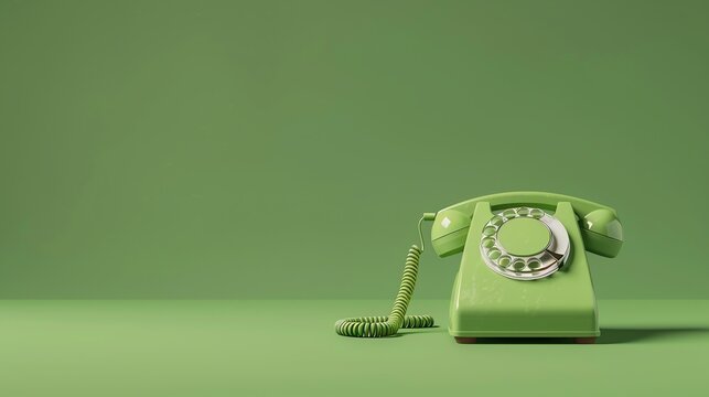 A vintage green rotary dial phone sits on a green surface.