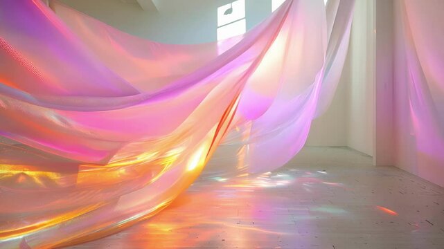 Floating strips of iridescent tulle fabric creating an otherworldly effect against the stark white walls of the gallery.
