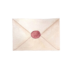 Envelope close with a wax stamp, watercolor illustration isolated on white. Hand drawn high quality...