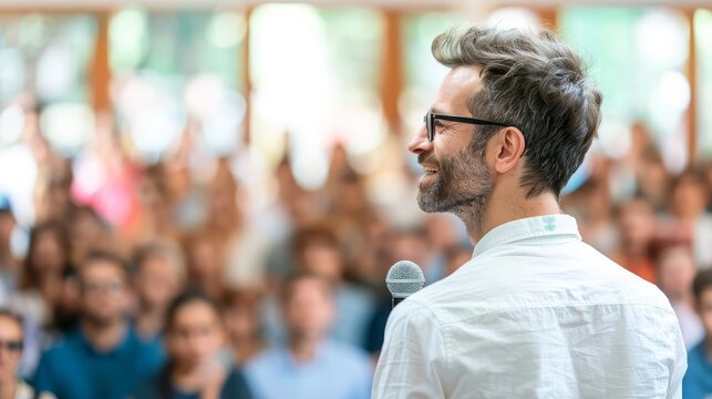 Confident speaker presenting to an engaged audience in a bright and modern conference room, inspiring professional growth and knowledge sharing.