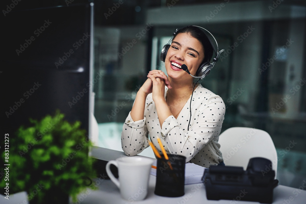 Aufkleber Call center, late and portrait of woman with headset for customer service, telecom and help to client. Night, agent and happy with mic by computer for IT support, advisory and system troubleshooting
