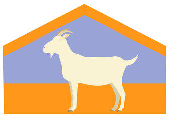 Cartoon-style illustration of a goat barn seen from the side