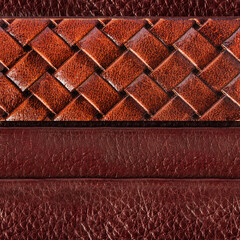Seamless 4k photo texture photo of brown colored braided leather material belt with on stitched leather surface.