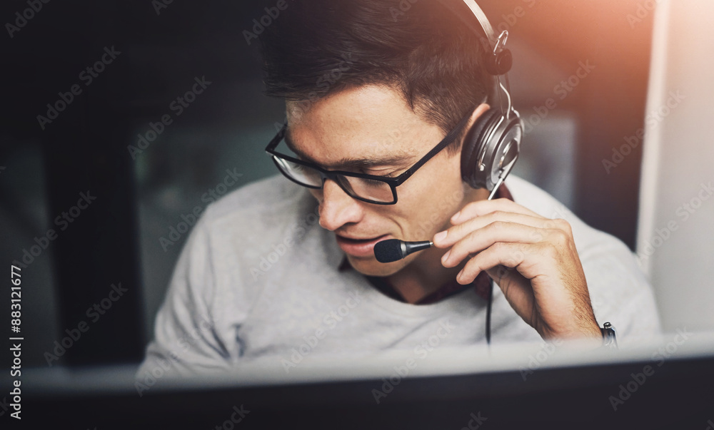 Poster business man, agent and night call center for customer support, helping and software troubleshooting