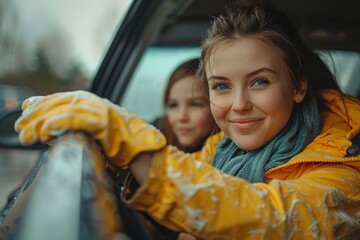 Mother and Daughter Clean the Car