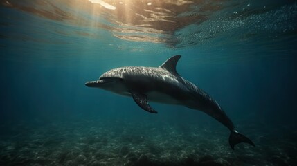 Fototapeta premium Dolphin gracefully swimming in the deep blue ocean water with sunlight above