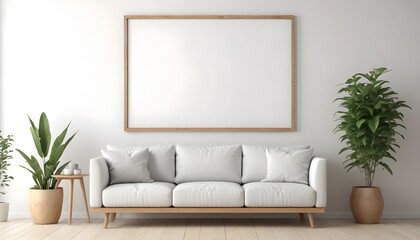 Fototapeta premium Frame mockup, ISO A paper size. Bedroom poster mockup. Modern interior design. Living room Interior mockup with house background. 3D render