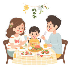 Happy cartoon family celebrating birthday with cake, kids eating, illustration