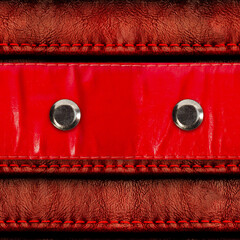 Seamless 4k photo texture photo of red colored polished leather belt material with stitching and...
