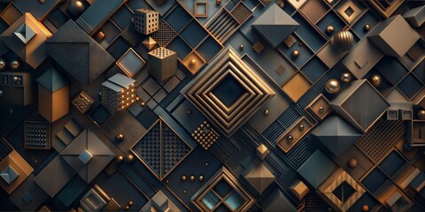 A gold and black abstract design with many shapes and squares