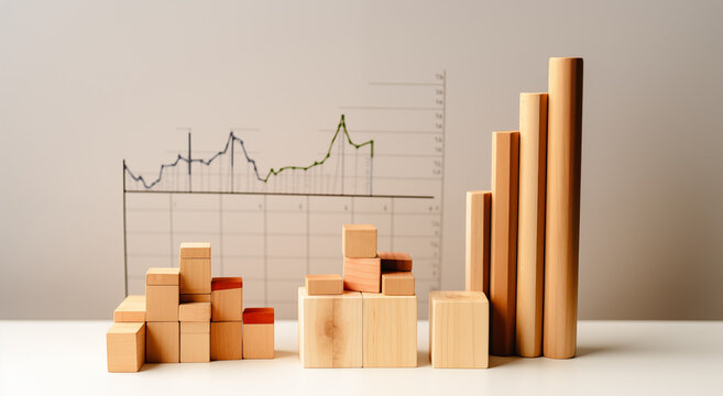 Wooden blocks of various sizes arranged on a white surface. The blocks are organized into three groups of varying heights, symbolizing different stages of growth or progress. Data trends and analysis.