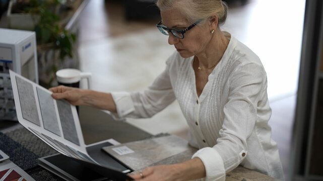 Happy mature woman looking at samples of floor tiles in a store, consider using vct, lvp, or engineered tile in a home renovation redecorating project.