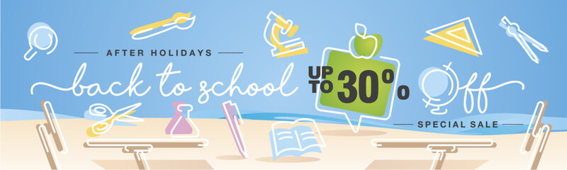 Back to School Special Sale up to 30% off handwritten typography. Line design with colorful school elements on the summer holiday background.ai