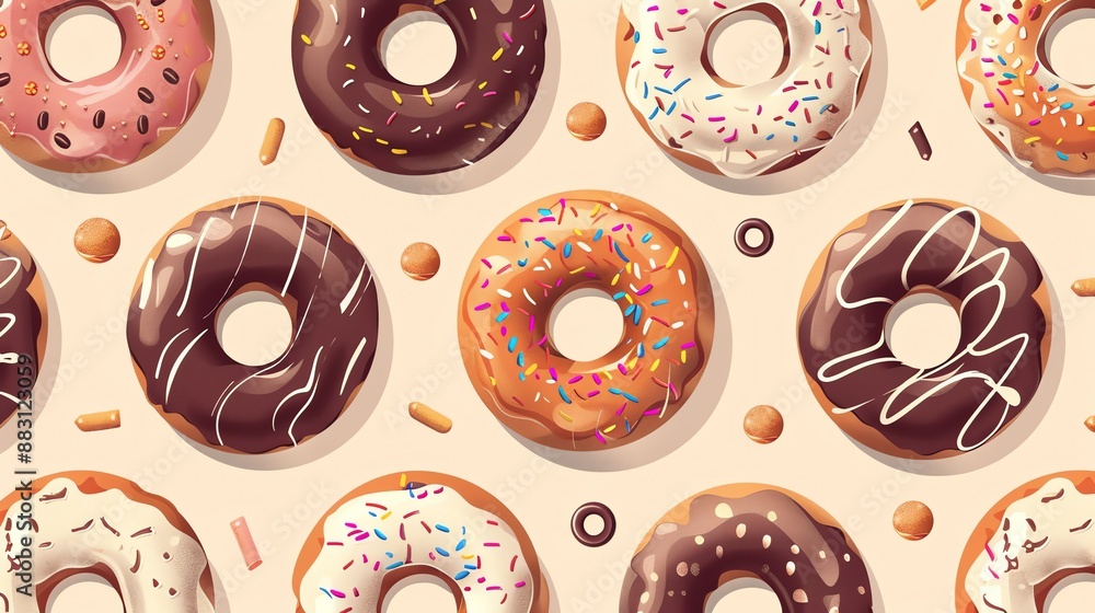 Poster a seamless pattern with various types of donuts with different toppings, against a light brown backg