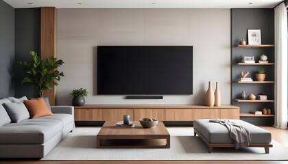 Fototapeta premium Big TV with blank screen ready for mock up in a living room—modern living room decor with a TV cabinet. 