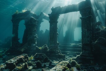 Underwater ruins of an ancient city, sunbeams illuminate submerged stone arches.