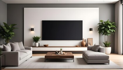 Big TV with blank screen ready for mock up in a living room—modern living room decor with a TV cabinet. 