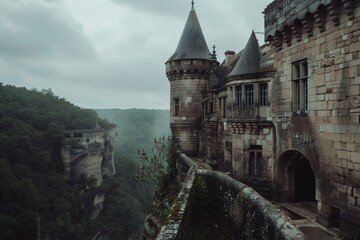 Obraz premium Misty castle perched on cliff edge, overlooking forested valley in moody atmosphere.