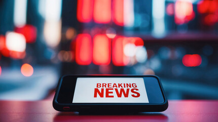 Breaking News text on smartphone screen on blurred city background. News report, real time journalism, online news alert, digital mass media concept