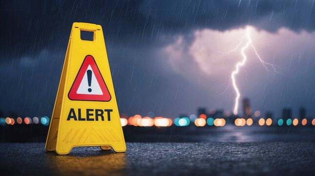 Weather alert. Yellow warning sign with exclamation sign pointing to bad and dangerous weather conditions. Severe weather and storm