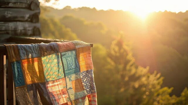 A patchwork quilt is tossed about in the wind d over the edge of a balcony on a rustic farmhouse.