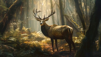 Fototapeta premium Majestic Elk Stands Tall in the Enchanted Forest Surrounded by Sunlight and Greenery