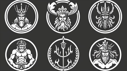 A series of mythical sea-themed kings adorned with crowns and wielding tridents, each symbolizing different aspects of marine power and mystery in an artistic monochrome style.