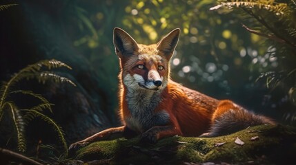 Red fox in the forest looking alert and curious surrounded by lush green foliage