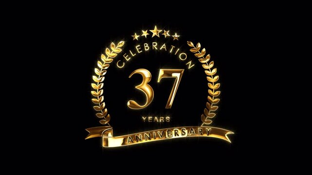Luxurious 37th Anniversary Celebration. Golden 37 Years Anniversary Animation in Gold Color on the Transparent Background, Alpha Channel. Great for greetings, celebrations, events, and gifts.
