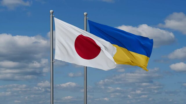 Ukraine and Japan flags flying together, video concept of the relationship, two country relations concept