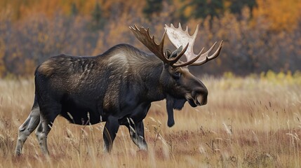 Fototapeta premium A powerful moose with impressive antlers stands in a wild meadow during the fall, its brown coat blending with the golden hues of the autumn grasses and leaves around it.