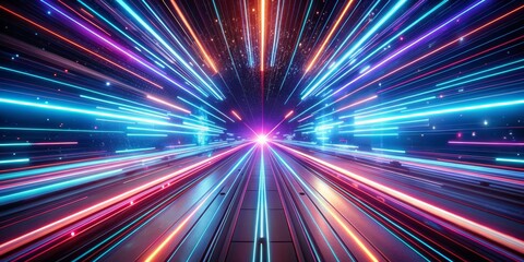 Sci-fi rendered 3D neon animated lines tracing through a seamless looping traffic hyperspace in dark backdrop