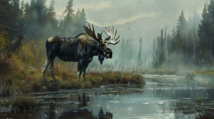A majestic moose stands in a misty wilderness by a serene waterbody, surrounded by a tranquil, forested landscape. The mist creates an ethereal, otherworldly atmosphere.