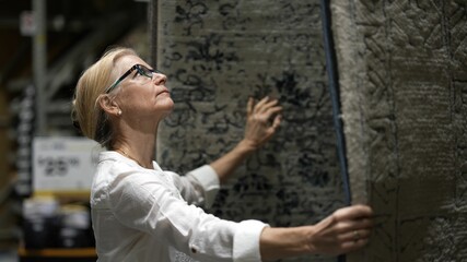 Happy mature woman hand touching carpet sample while looking through rugs for home remodeling redecorating project, in a home decorating store.