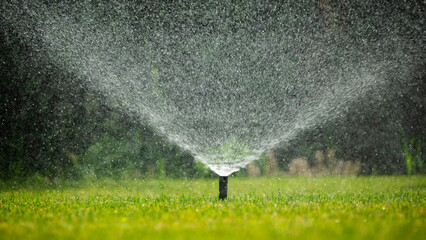 Sprinkler system distributing water over a lush, green lawn on a bright, sunny day.