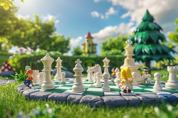 3D Cartoon Chess Game in a Sunny Park Setting &ndash; Perfect for Children&rsquo;s Learning and Recreational Themes