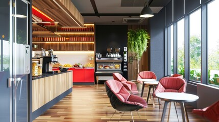 Modern Cafe Interior Design with Red Accents.