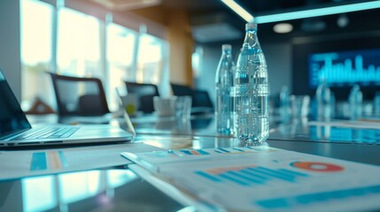 Business Meeting with Water Bottles and Laptop.