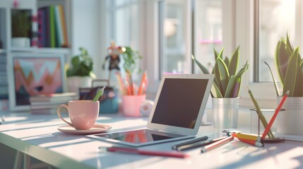A clean desk with a tablet, coffee mug, and office supplies High quality images