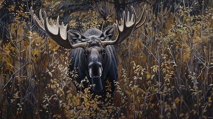 A beautiful moose stands amongst autumn leaves, enraptured by the changing colors and shadows of an enchanting forest, presenting a mesmerizing view of nature’s artistry.