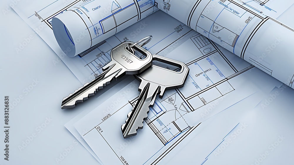 Poster two keys on top of architectural blueprints, representing the importance and first step in building 