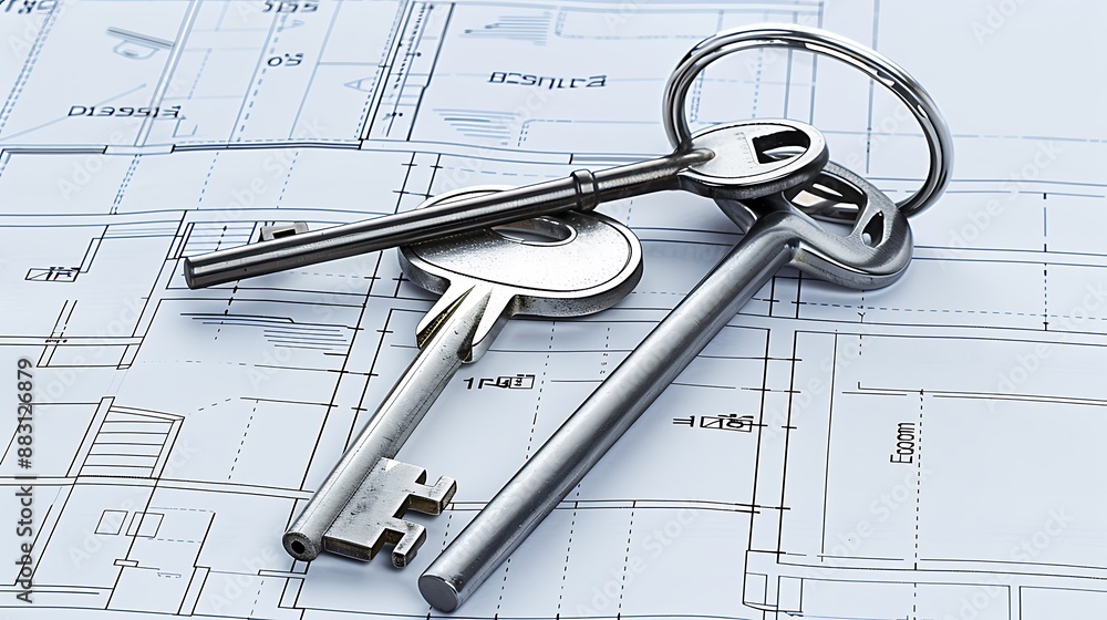 Poster two keys on top of architectural blueprints, representing the importance and first step in building 