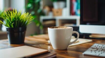 Cup of coffee on a wooden desk.