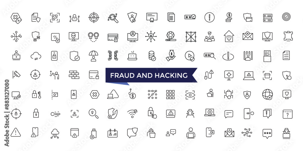Poster fraud and hacking line icons set with editable stroke collection for web and ui. line icons pack. ve
