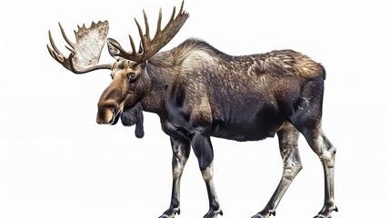 Fototapeta premium This image shows a magnificent moose with imposing antlers placed against a clean white background, emphasizing the animal's grandeur and natural regal presence.