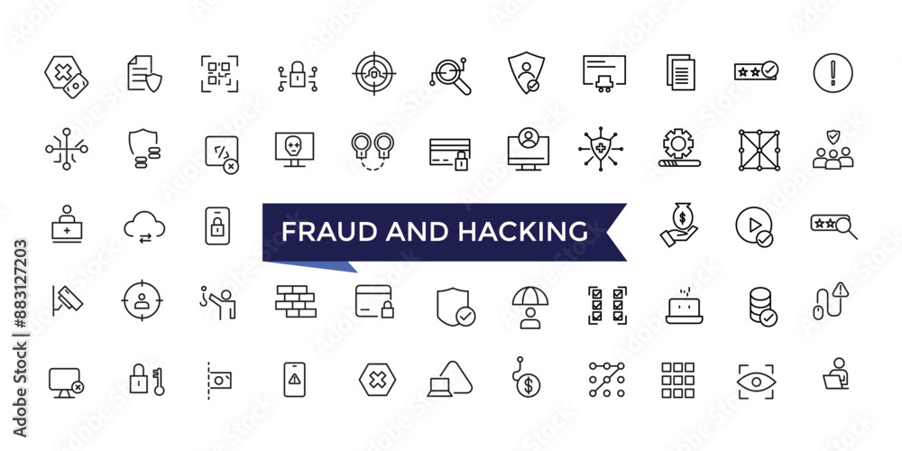 Poster fraud and hacking line icons set with editable stroke collection for web and ui. line icons pack. ve
