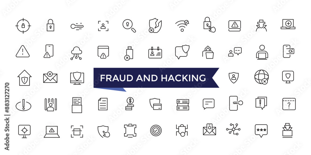 Poster fraud and hacking line icons set with editable stroke collection for web and ui. line icons pack. ve