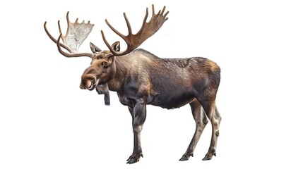Obraz premium A digitally rendered image of a large, majestic moose with impressive antlers standing alone against a white background, showcasing its strong features and powerful stance.