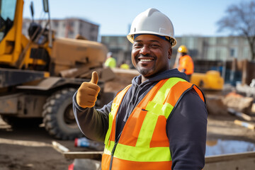 Portrait of black male construction worker smiling and thumbs up hand at construction site