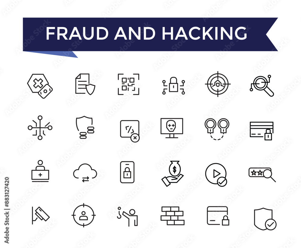 Poster fraud and hacking line icons set with editable stroke collection for web and ui. line icons pack. ve